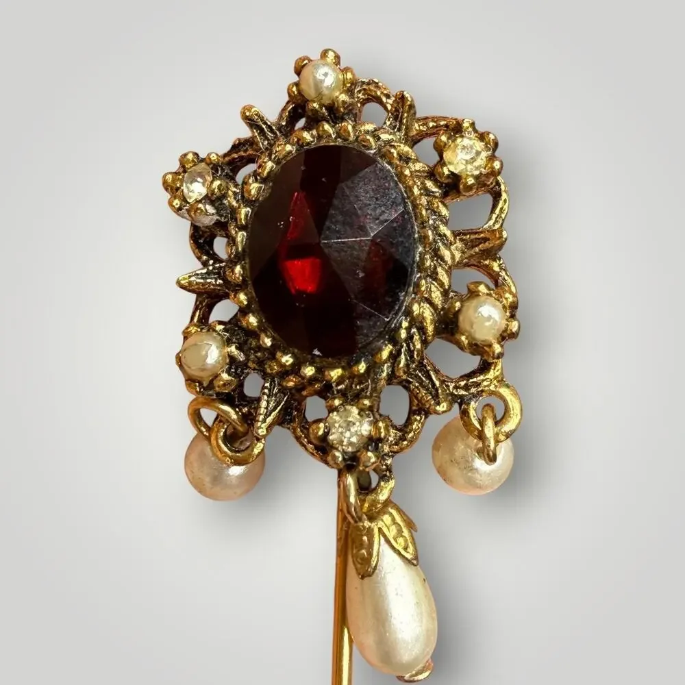 Vintage ART Signed Stick Pin Red Rhinestone Faux Pearl Gold Tone Victorian